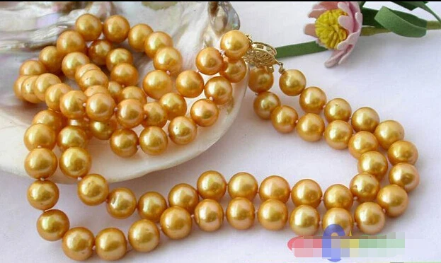 

HOT## Wholesale FREE SHIPPING >>> 2ROW 11MM ROUND GOLD FRESHWATER CULTURED PEARL NECKLACE p1087