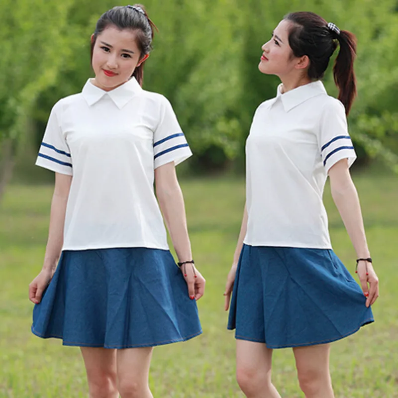 

Hot Japanese School Uniform For Girls Sailors Turn Down Collar Short Sleeve Tops White Skirt Navy Student Style Clothes GY002