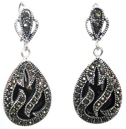 

hot sell new - Natural Black stone Teardrop Silver Marcasite Earrings