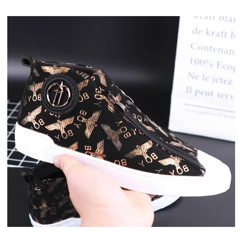 Wholesale Shell Cap Men Loafers Sheet Metal Gold Eagle Zip High Top Men Shoes Casual Leisure Hip Hop Flats Sneakers botas Hombre