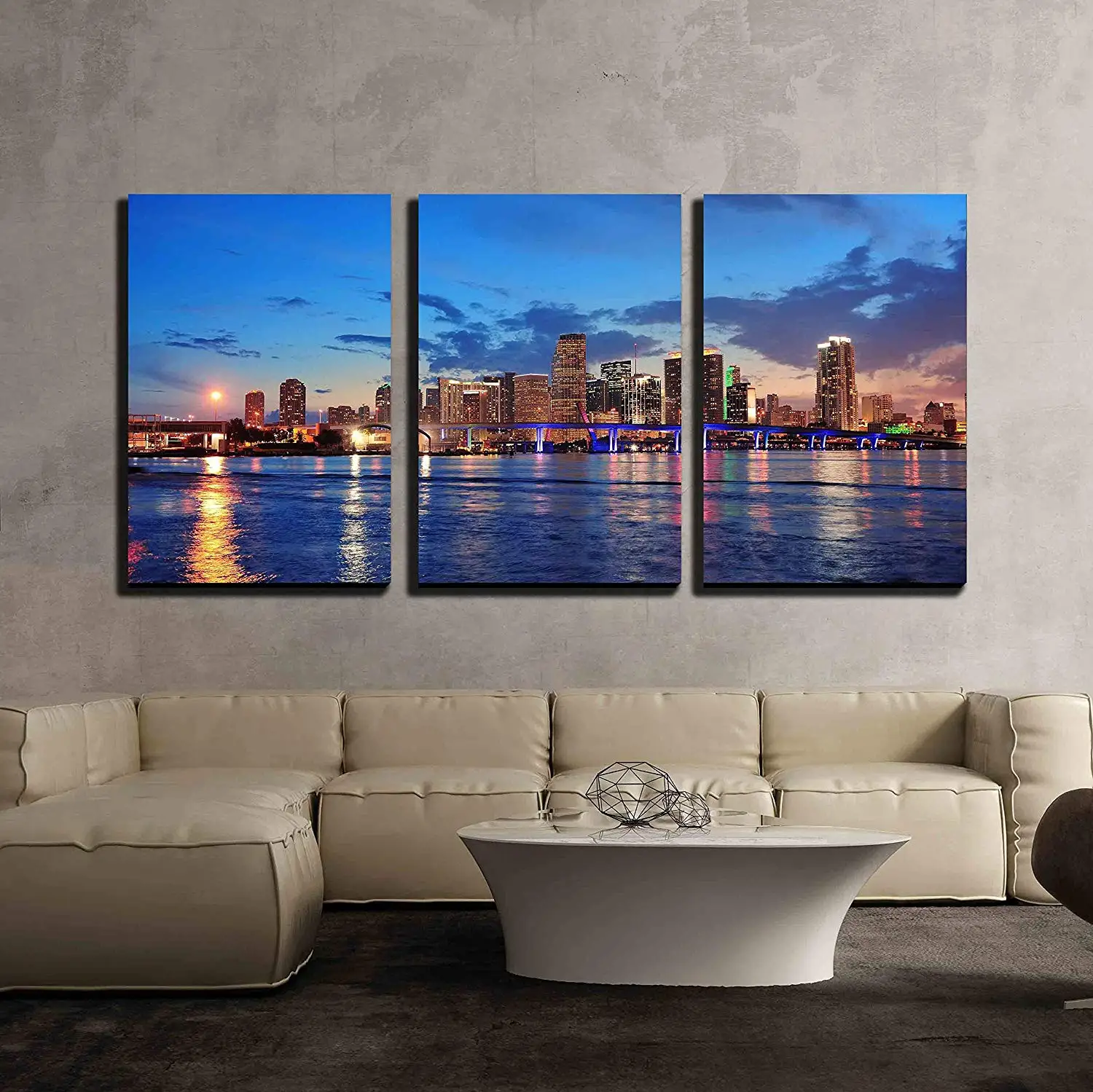 3 Piece Canvas Wall Art Miami City Skyline Panorama at Dusk with Urban