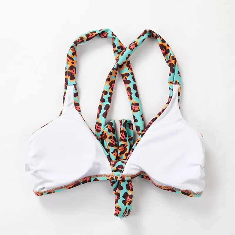 

Womens Summer Colored Leopard Printed Two Piece Bikini Set Sexy Deep V-Neck Triangle Bra Low Waist Side Tie Thong Swimsuit Cross