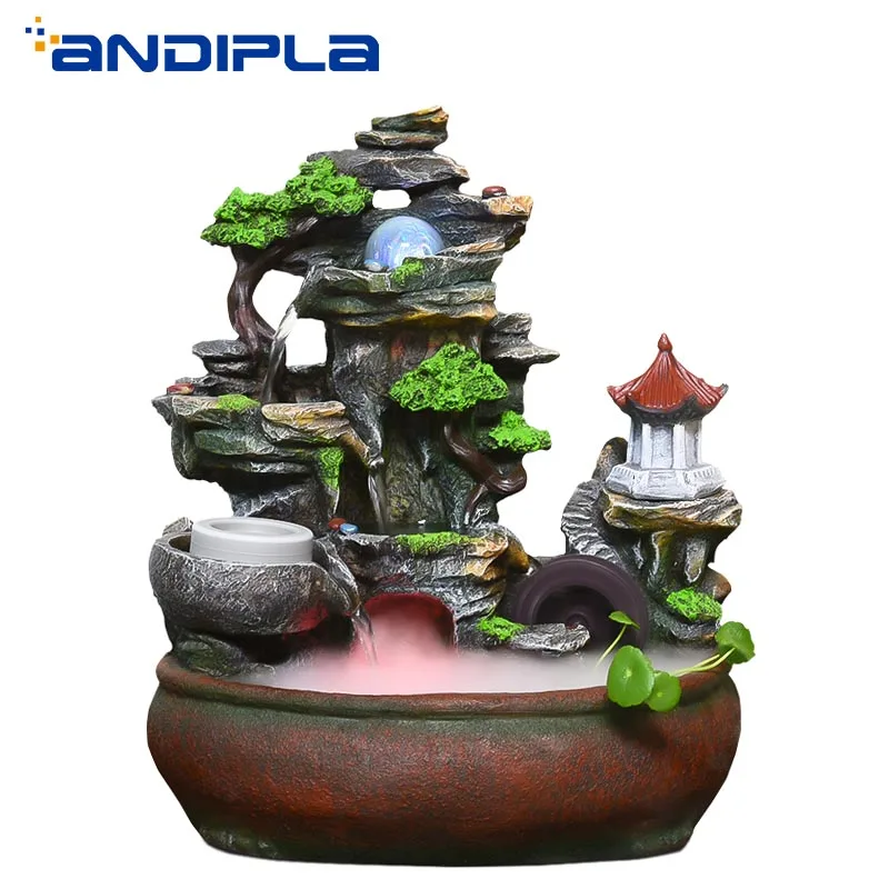 

110V-240V Creative Resin Rockery Flowing Water Fountain Lucky Feng Shui Wheel Desktop Ornaments Office Fish Tank Home Decoration