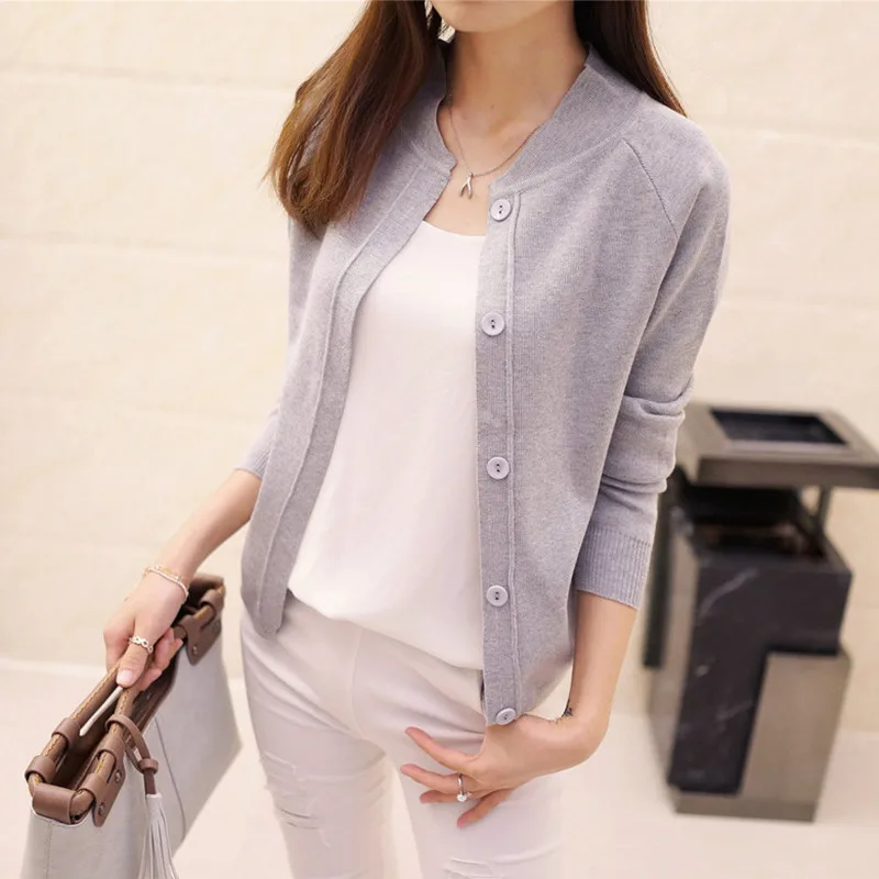 

Spring and Autumn New Women V-neck Long-Sleeved Knitting Sweater Cardigan Sold Color Short Section Single Breasted Thin Coat