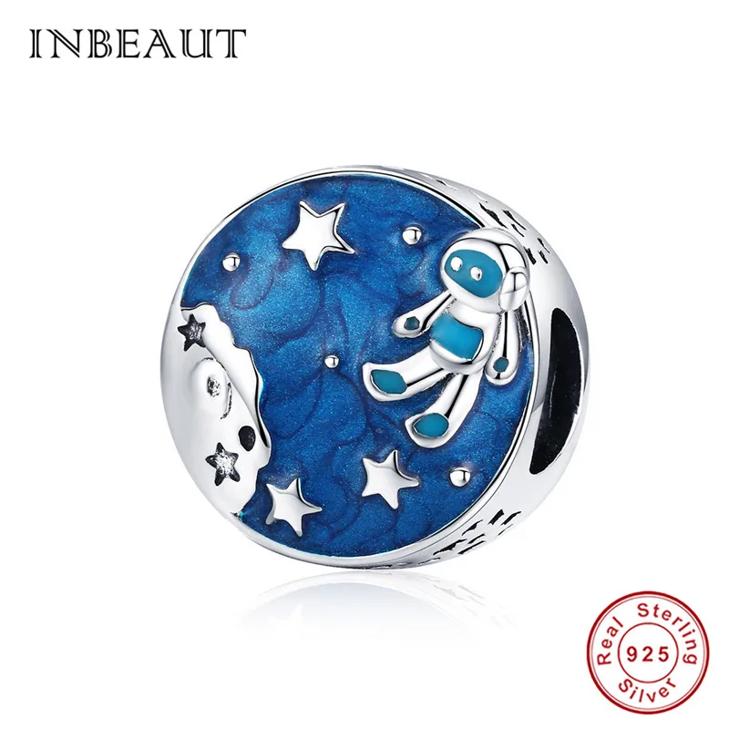 

INEBAUT 100% 925 Sterling Silver Blue Enamel Planet Astronaut Charms Vast Universe Star Spaceman Beads fit Pandora Bracelet Gift