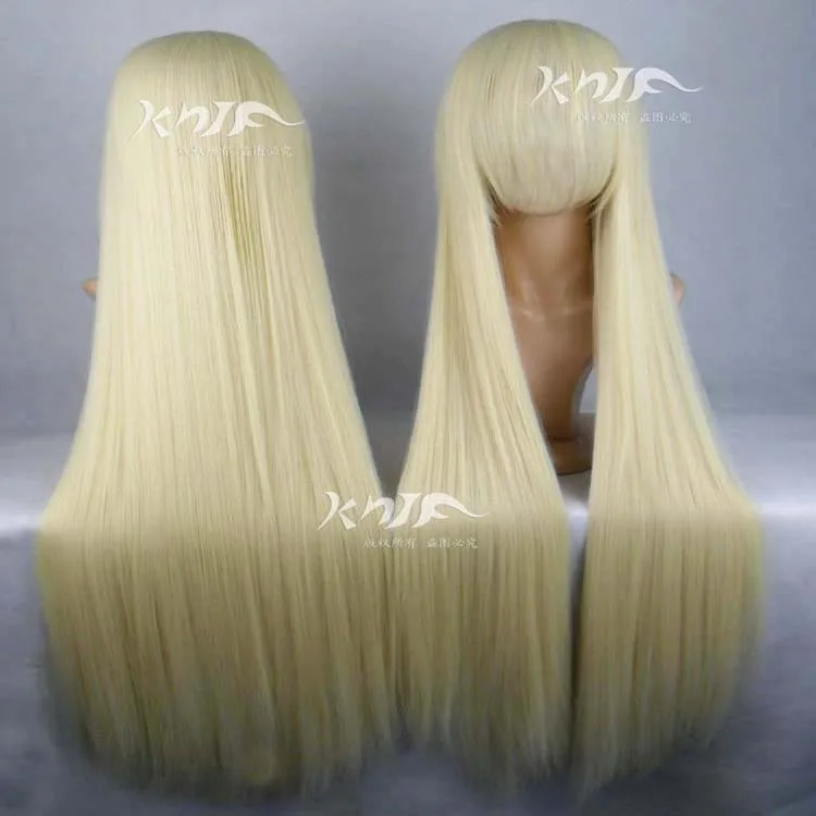 

Free Shipping 100 cm Long milk golden Straight Anime Party full Bangs Synthetic Cosplay Hair Wig