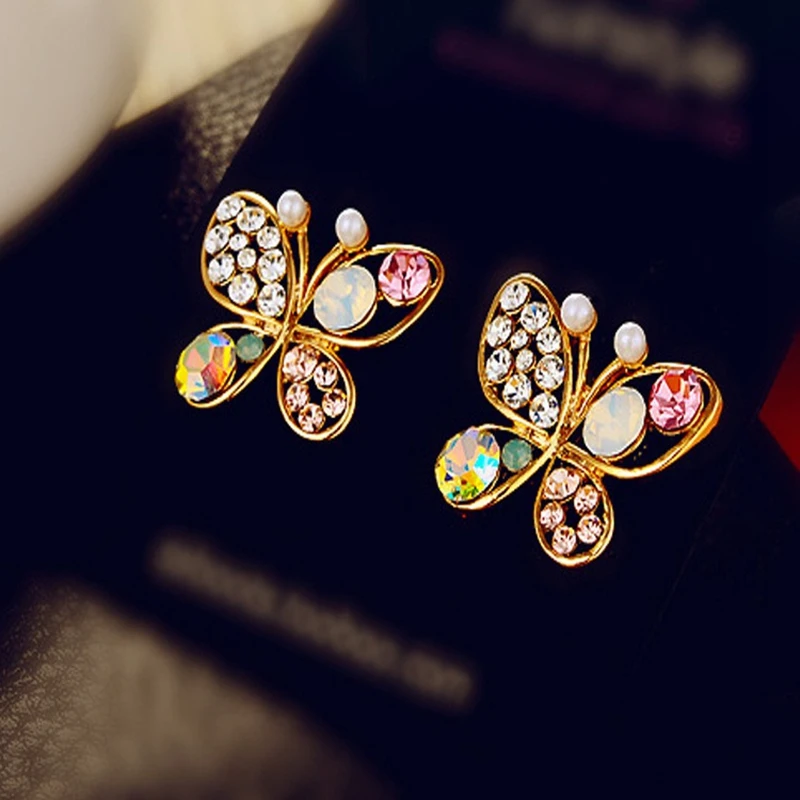 

Animal Insect butterfly Gold Color Rhinestone Red Royal Blue Zinc Alloy Stainless Steel Stud Earrings for Women
