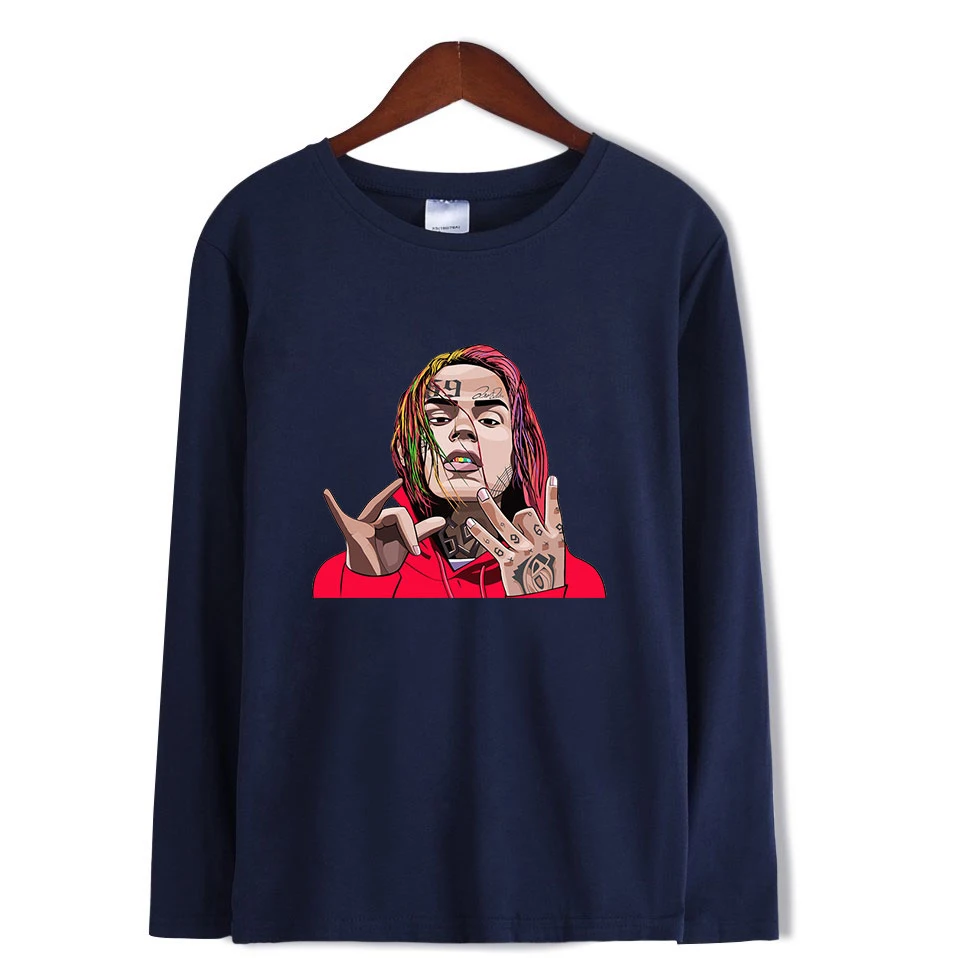 Модные футболки 6ix9ine с принтом в стиле рэпера длинным рукавом для мужчин и женщин