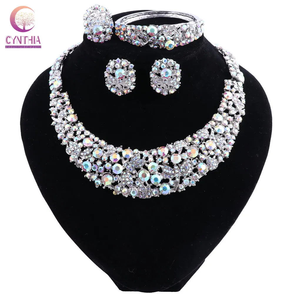 Women Ab Color Crystal Jewelry Sets With Earrings Statement Necklace Boho Trendy Jewelry For
