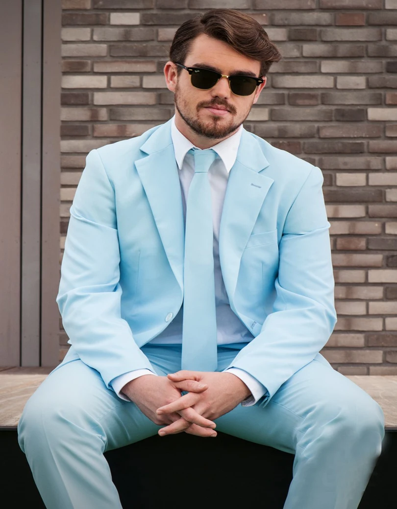 New Sky Blue Groom Tuxedos 2 Piece Mens Wedding Prom Party Suits Handsome Casual Blazers