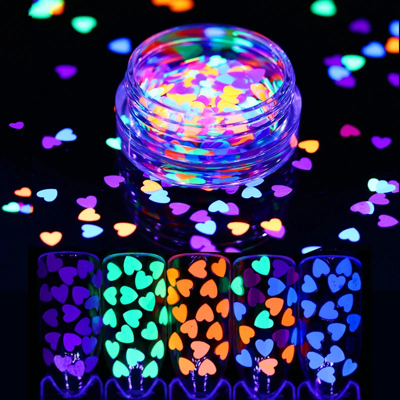 Nail Sequins Fluorescent Glitter 4mm Ultra-thin Colorful Heart Shape Flakies 1g Luminous Nail Paillette Glow in the Dark
