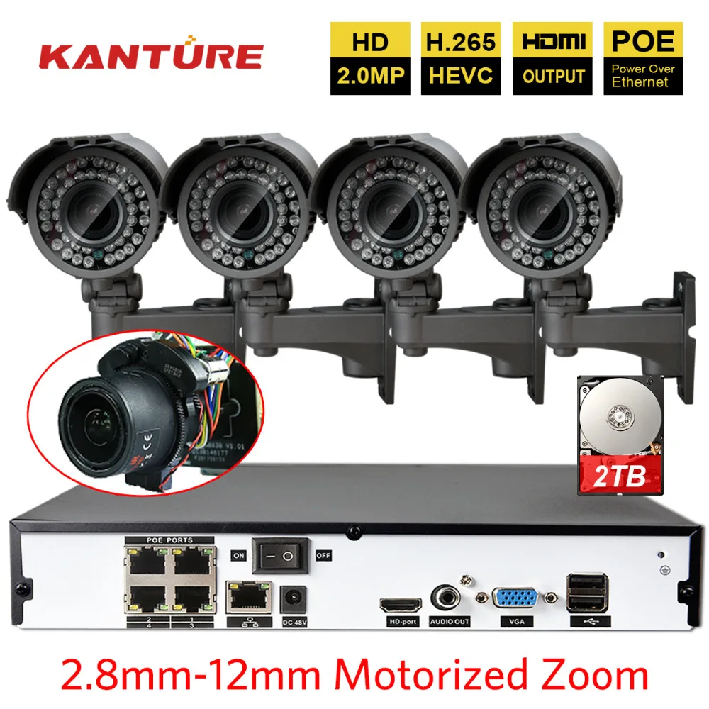 

H.265 4CH 5MP POE CCTV NVR System 4PCS 2MP 2.8-12m Motorized Zoom Focus Lens Waterproof PoE IP Camera P2P Video Surveillance kit