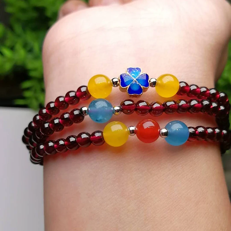 Sinya Girls Four leaves Clover Charms bracelets Strand by high luster quality natural Garnet for lover Mum elastic bangles Hot  (8)