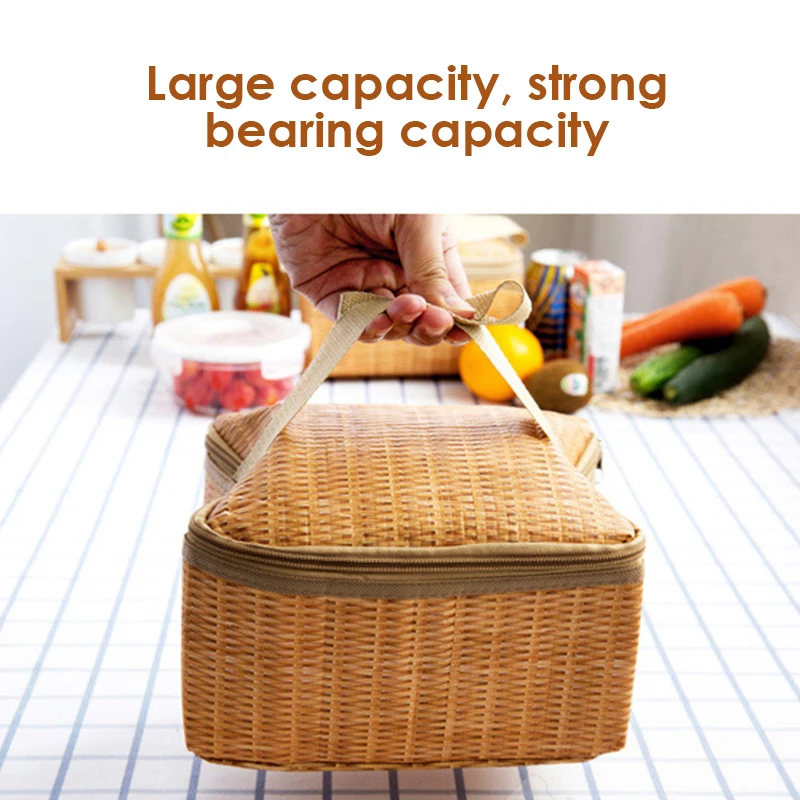 

Insulation Lunch Bag Cold Bales Thermal Lunch Box Bag Rattan Plaited Waterproof Convenient Leisure Bag
