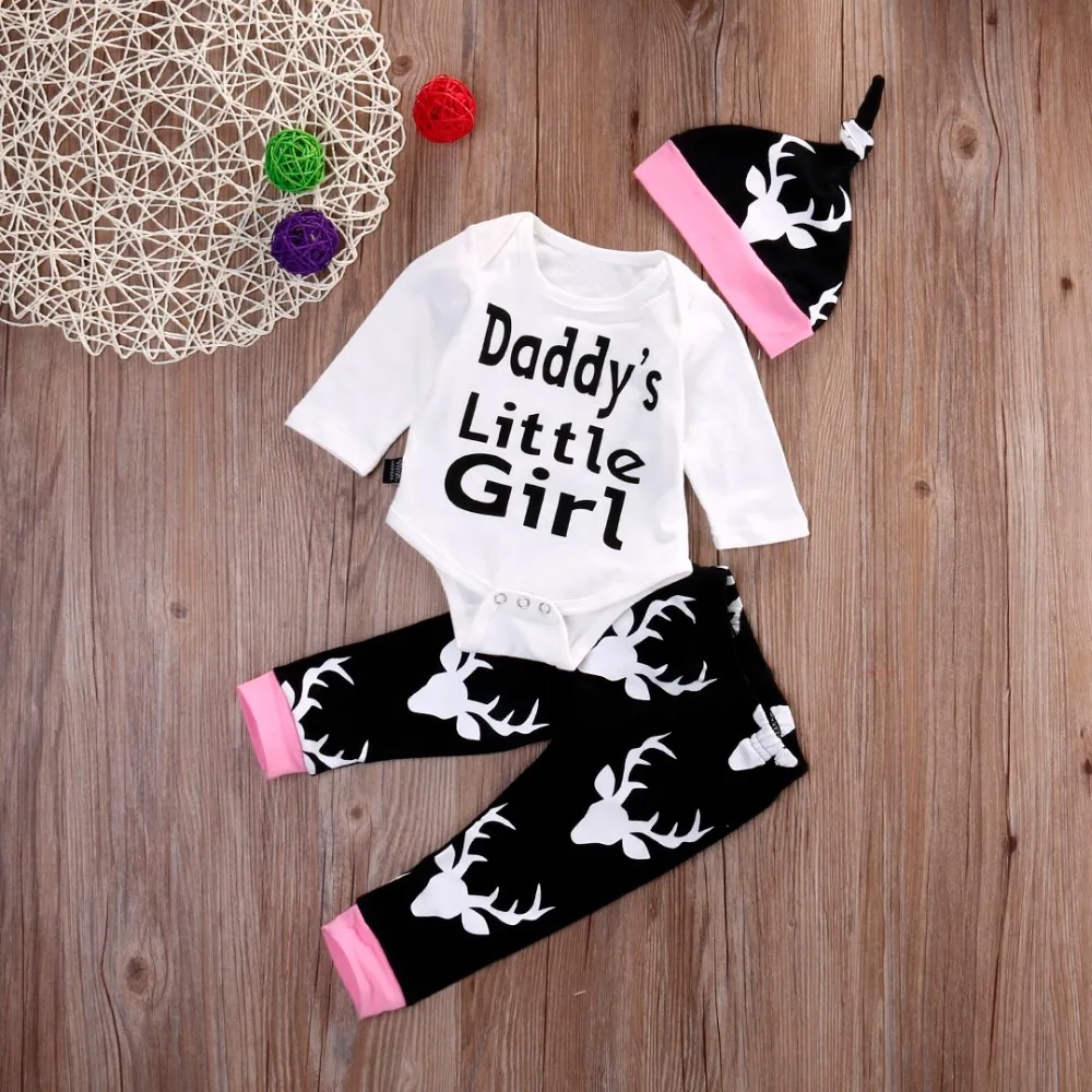 

Baby Girls Clothes Outfits Daddy's Little Girl Toddler White Long Sleeve Baby Romper+Pant+Hat 3pcs Baby Girl Clothing Set