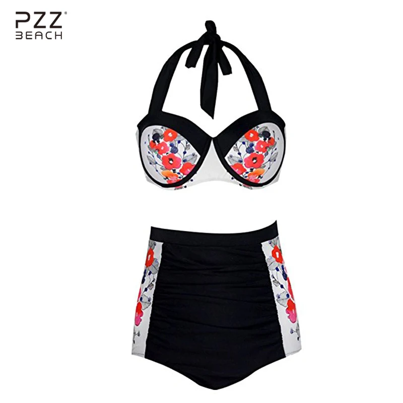 

2017 Sexy Bikinis Halter Top Swimsuit High Waist Floral Print Plus Size Swimwear Women Bathing Suits Large Size Beachwear Summer