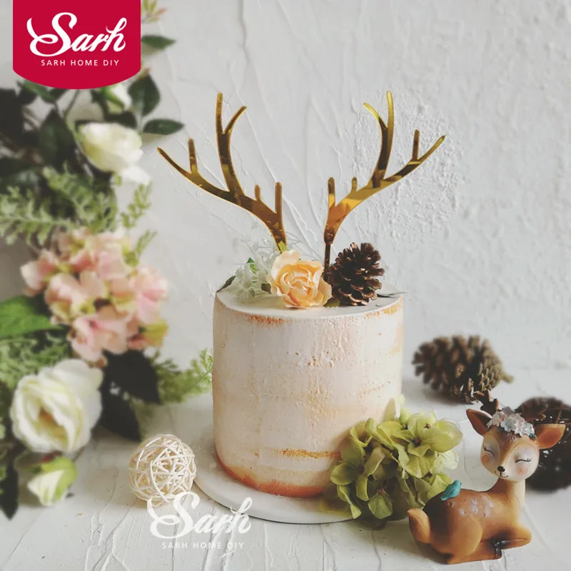 

Gold Acrylic Elk Antler Pine Cone Cake Topper Dessert Decoration for Wedding Birthday Party Gifts