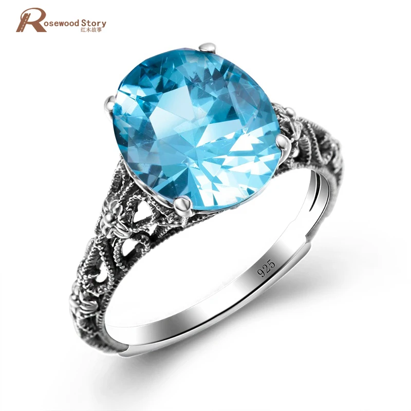 

Pure 925 Sterling Silver Rings Sky Blue Stone Crystal Anniversary Ring Flower Design For Women Fashion Retro Women Jewelry