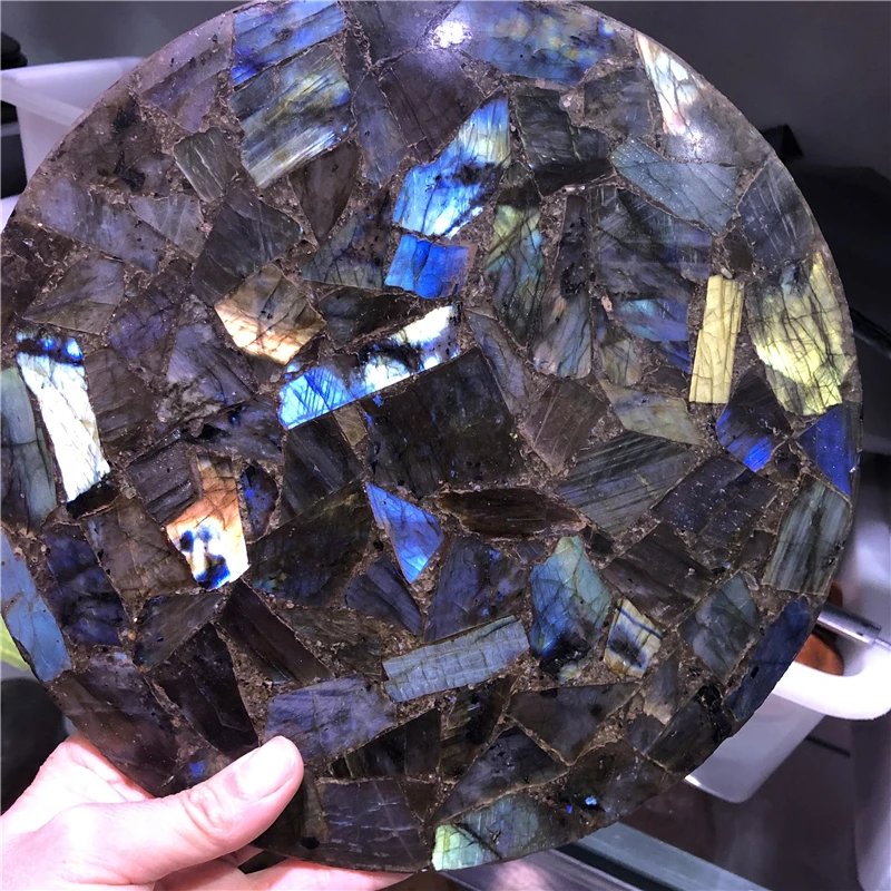 

large round precious labradorite slab coaster stone slice mosaic labradorite disk surface healing stone home decor free shelf