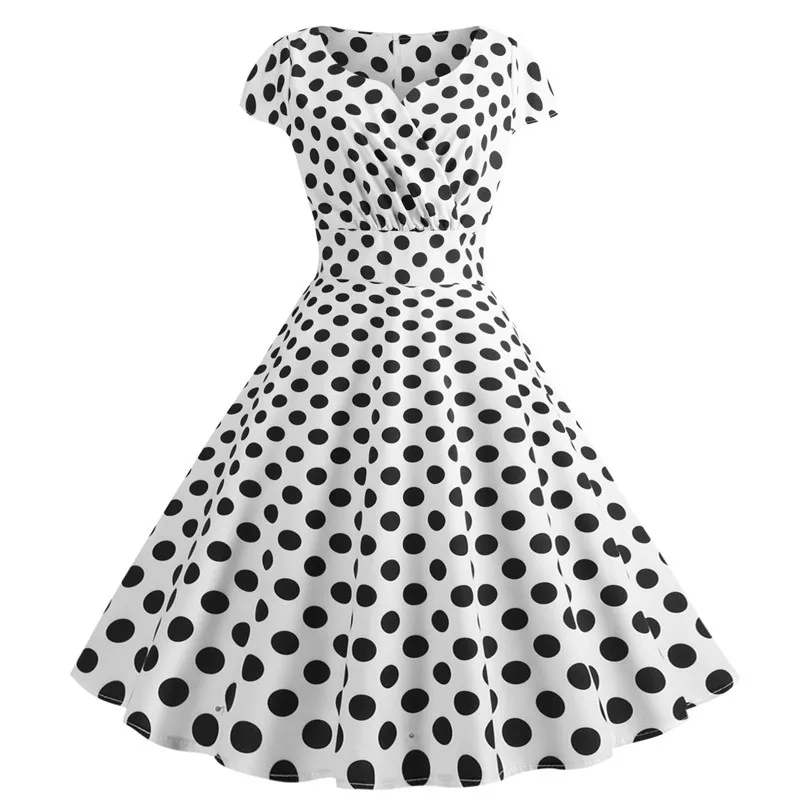 

Plus Size Women Summer Dress 50s Vintage Casual Elegant White Polka Dot V Neck Party Work Office Dress Retro Rockabilly Vestidos