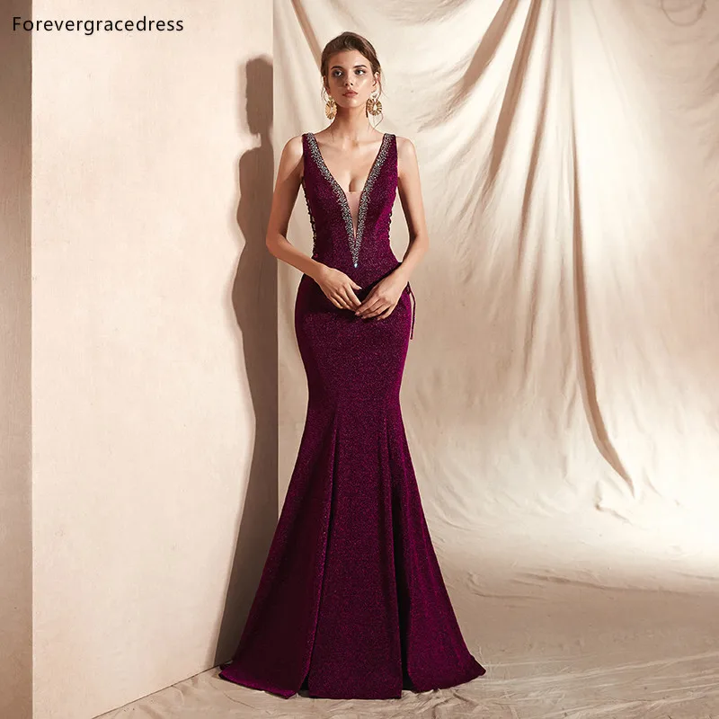 Forevergracedress Burgundy Deep V Neck Evening Dresses 2019 Mermaid With Lace Up Back Formal Party Gowns Plus Size Custom Made | Свадьбы и