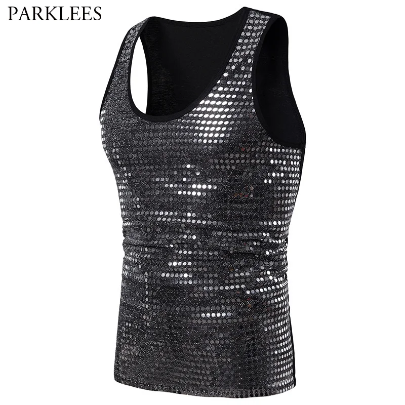 Мужская хипстерская майка с серебристыми блестками, приталенная уличная одежда в стиле хип-хоп, рубашка без рукавов для мужчин, для ночного клуба, DJ, певица, сценический костюм, Homme, XXL
