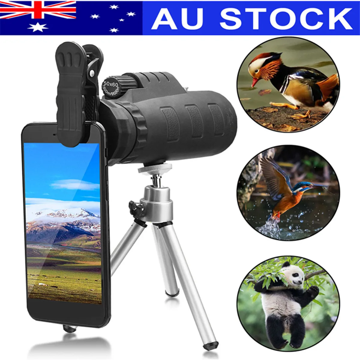 

50X60 BAK4 Monocular Telescope HD Zoom Optical Lens Camera + Night vision with Phone Clip Tripod For iPhone 8/X/7 for Samsung S8