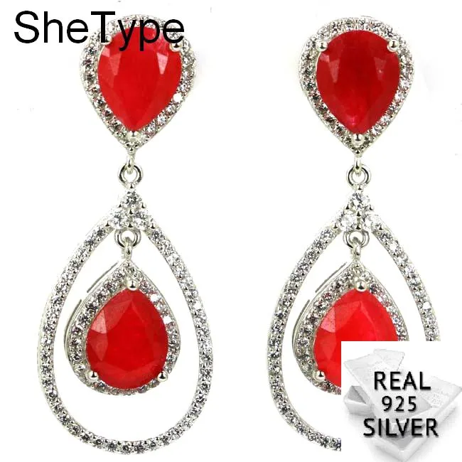 

Romantic 9.7g Drop Real Red Ruby White Cubic Zirconia Gift For Woman's 925 Solid Sterling Silver Earrings 42x17mm