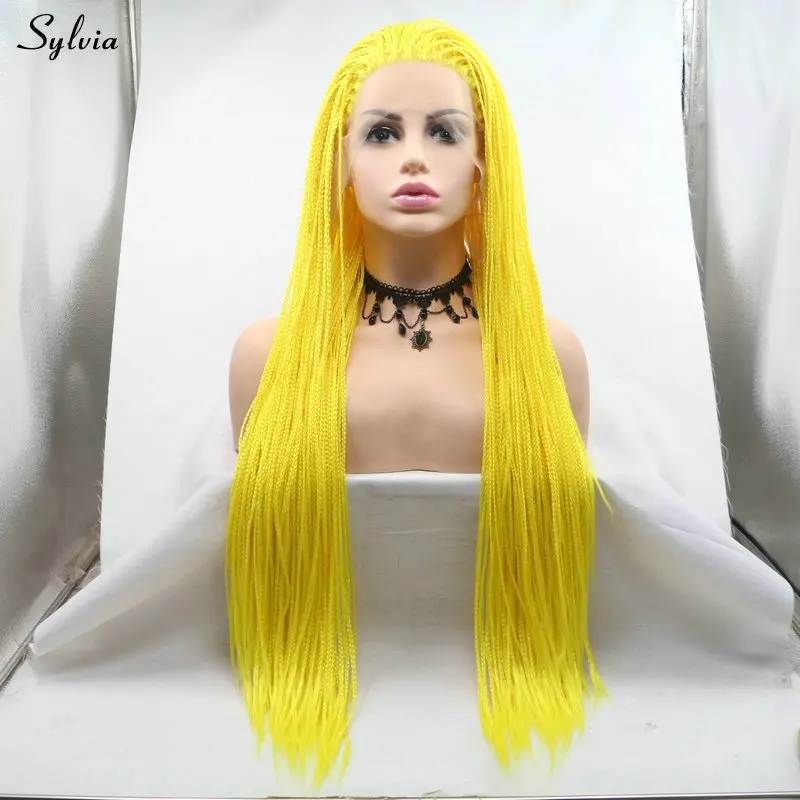 Sylvia яркий цвет синий/розовый красный/желтый кружевной передний парик для Peluca Косплей Высокая температура Синтетический плетеный ящик косы парики - Цвет: Цвет: желтый