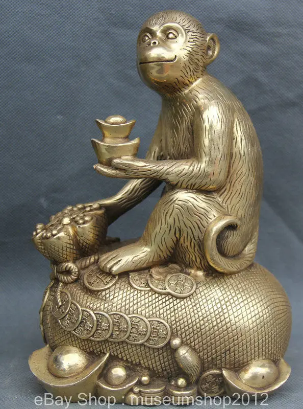 

9" Chinese Feng Shui Brass Moneybag Yuan Bao Zodiac Year Monkey Wealth Statue