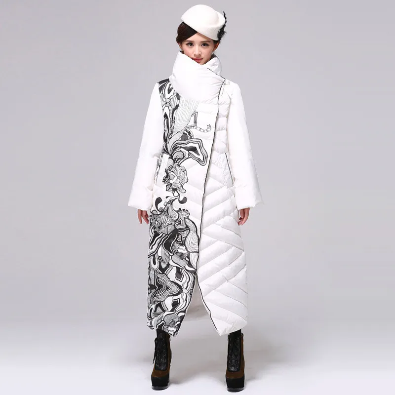 Женская парка с узором, новая мода, винтажный женский зимний пуховик, высокое качество, свободный большой размер, длинная толстая ватная куртка ZX0227 - Цвет: white