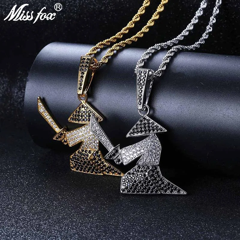 

MISSFOX Hip Hop Japanese Ninja Grip Sword Iced Out Pendant 24K Gold Plated High Quality Cubic Zirconia Big Men's Long Necklace