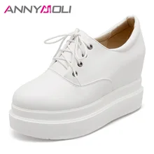 ANNYMOLI Shoes Women High Heel Platform Pumps Lace Up Shoes Increasing Wedges Round Toe Pumps Casual Women Autumn Shoes White
