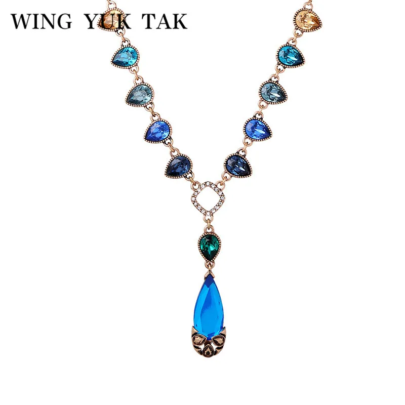 

wing yuk tak High Quality Pendant Necklace Women Trendy Bohemia Blue Crystal Water Drop Statement Necklace Party Jewelry
