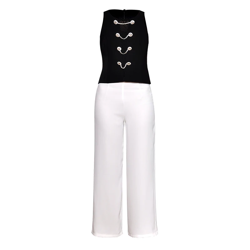 

HIGH QUALITY Newest 2019 Fashion Designer Runway Suit Set Women's Sleeveless Chain Diamonds Buttons Tank Top Straight Pants Set