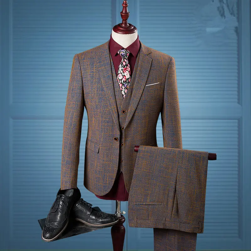 (Jacket+Vest+Pants)Fashion Leisure Suits  Men's Rhree-piece Wine Red Print Korean Slim After the Split Suit Bridegroom Wedding