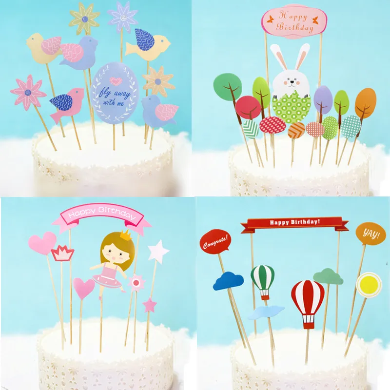 

DIY Flower Birds Happy Birthday Cake Flag Rabbit Animals Balloon Cake Topper For Birthday Wedding Party Cake Baking Decor