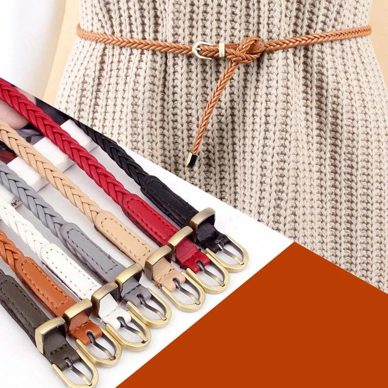

New Women Thin Waist Belt PU Leathe Braid Weave All-match Pin Belts Q88 LXX9