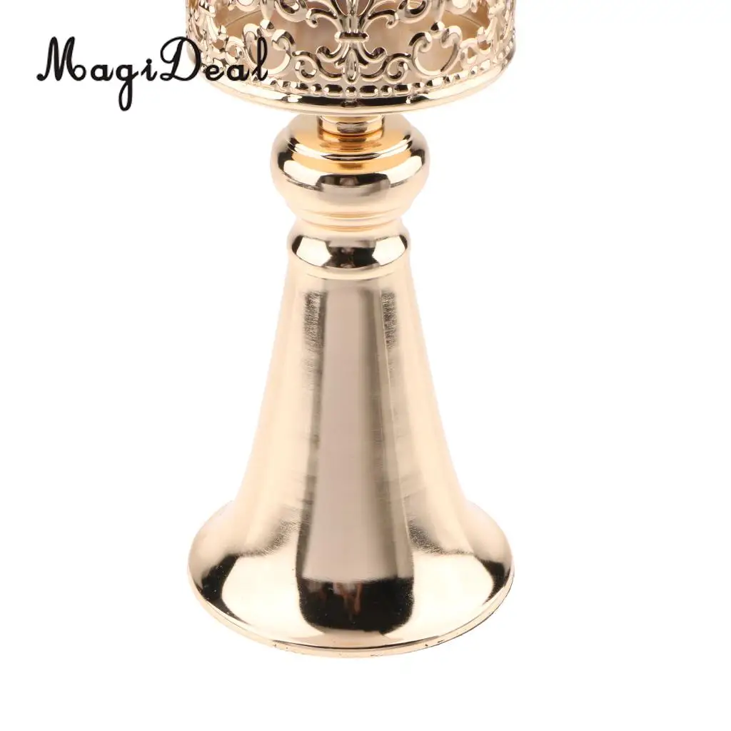Antique Gold Metal Pedestal Candle Holder with Glass Flower Vase Crystal Draped Pillar Stand Accent Display Ornament Gift