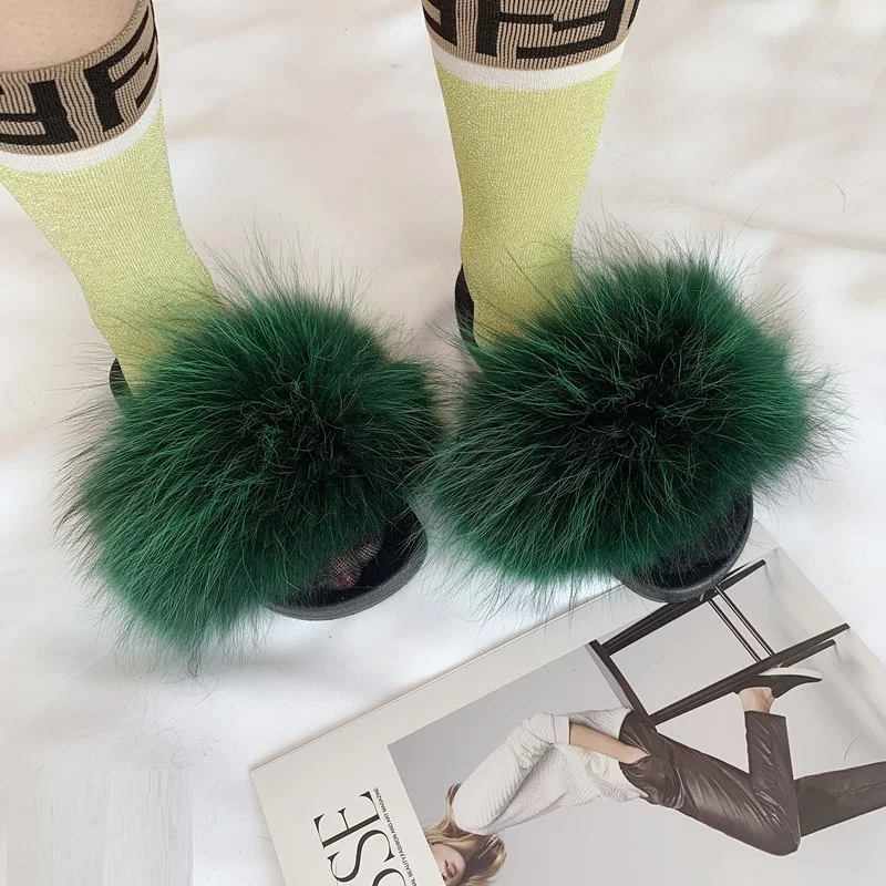 

Furry Slippers Luxury Slides Women Raccoon Fur Slides Fuffy House Slippers Sliders Shoes Woman Fuzzy Slippers Ladies Flip Flops