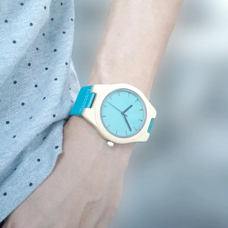 BOBO BIRD Handmade Men Bamboo Watch With Blue Genuine Cowhide Leather Strap Casual Watches as Gifts Wristwatches C-F20