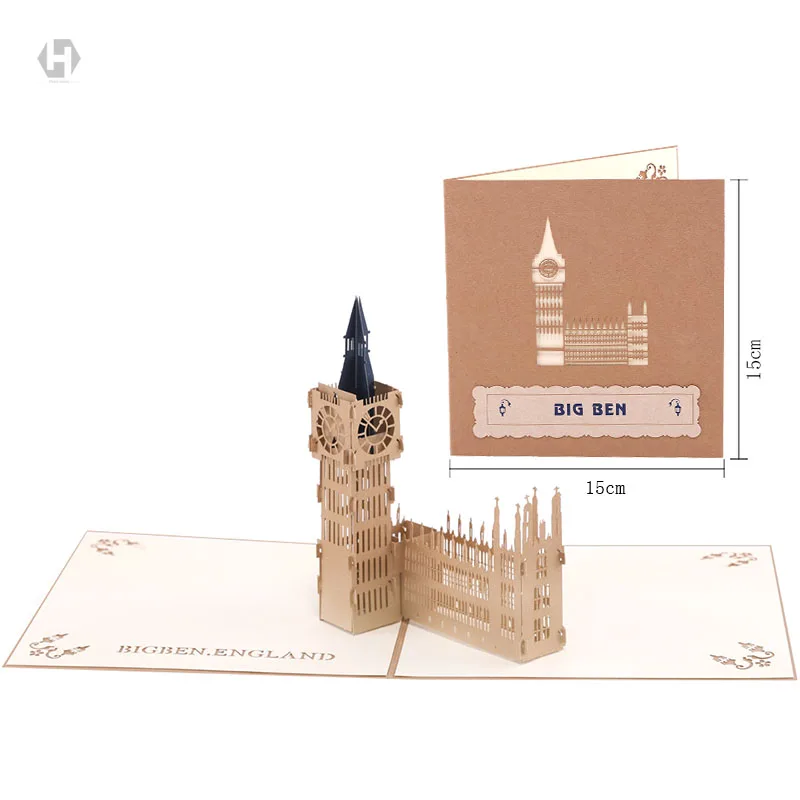 

Retro Big Ben Landmark building 3D pop up greeting card laser cutting envelope postcard hollow carved handmade kirigami gifts