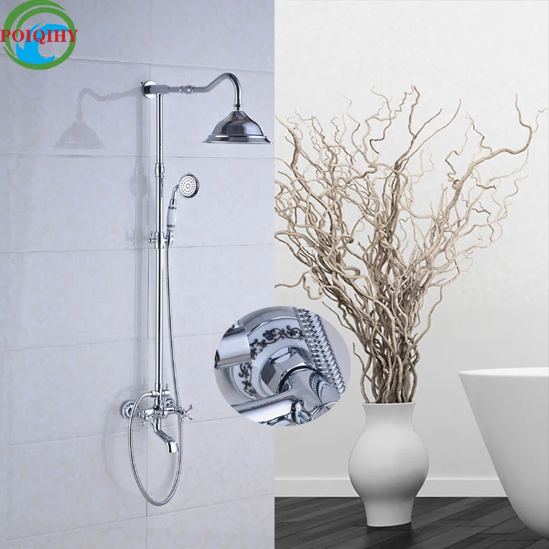 

Chrome Finish Wall Mounted 8 inch Bathroom Shower Faucet Mixer Taps Dual Handles with Hand Held Shower