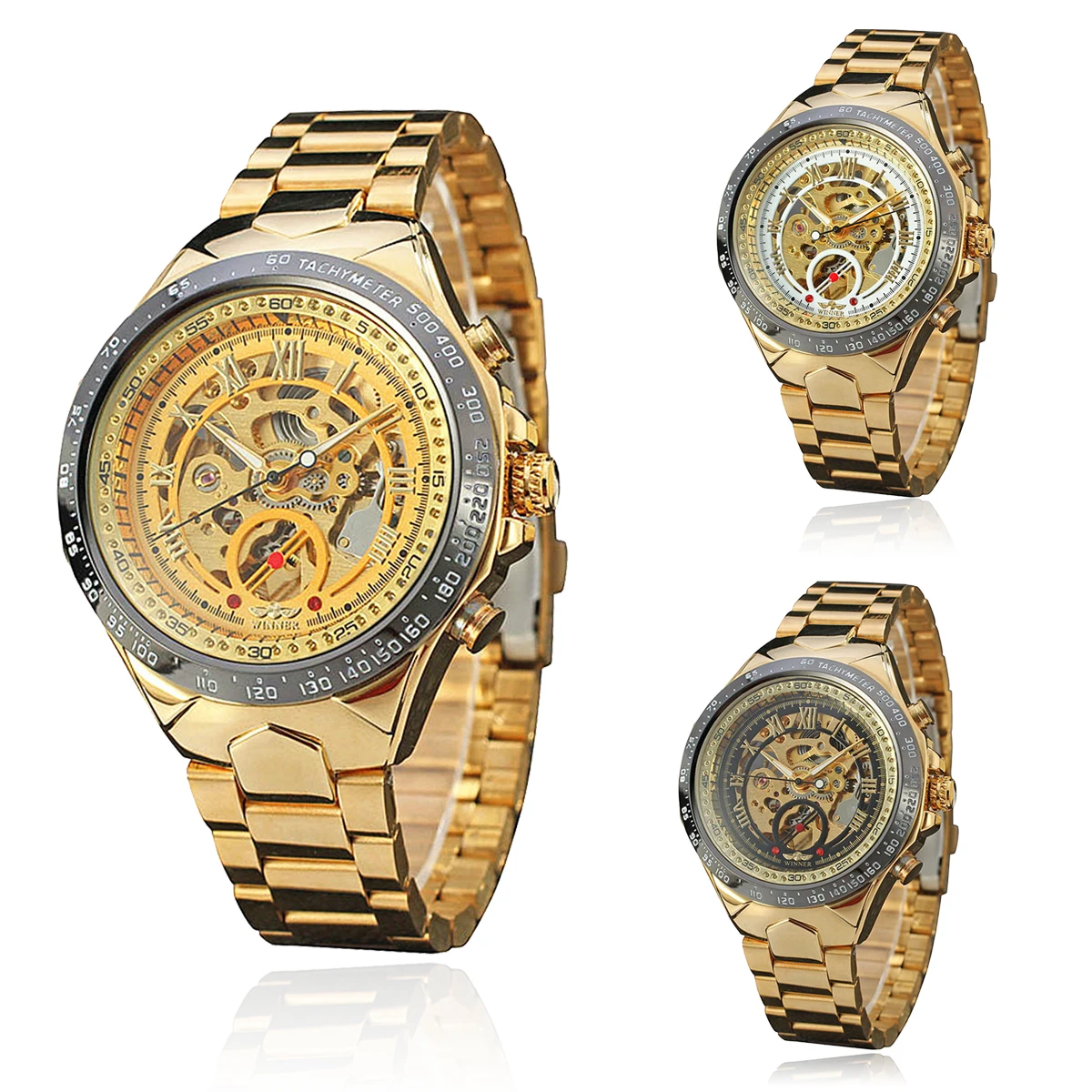 

New Number Sport Design Bezel Golden Watch Mens Watches Top Brand Luxury Stainless steel Clock Men Automatic Skeleton Watch