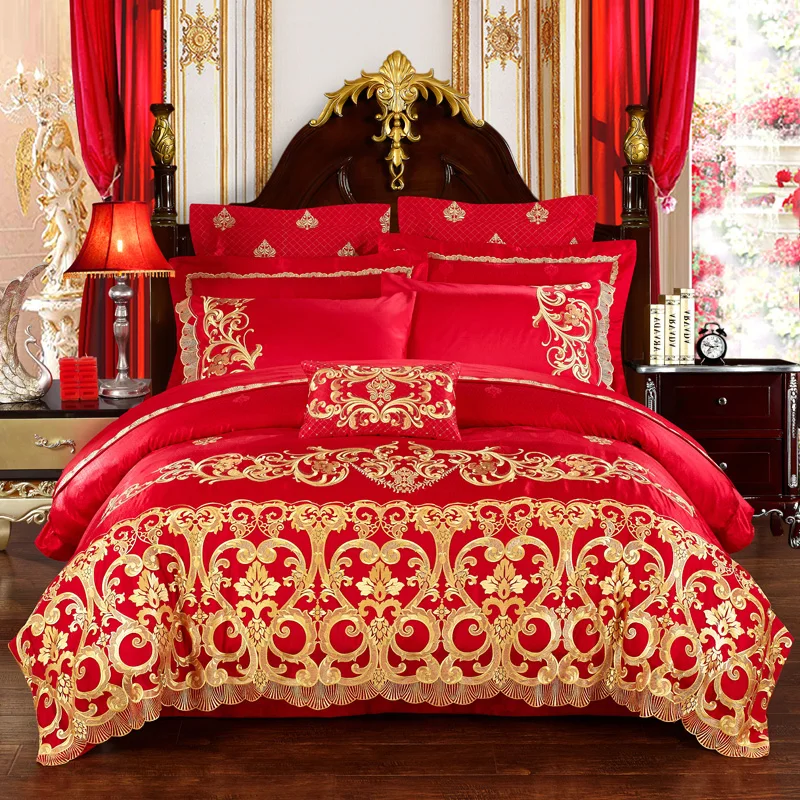 4/6/9Pcs red luxury cotton satin bedding set queen king bed set gold lace embroidery duvet cover
