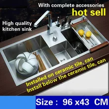 Люкс кухонная раковина ручной двухканальный 4 мм толстый пищевой нержавеющей стали регулятор разряда воды 96x43 см