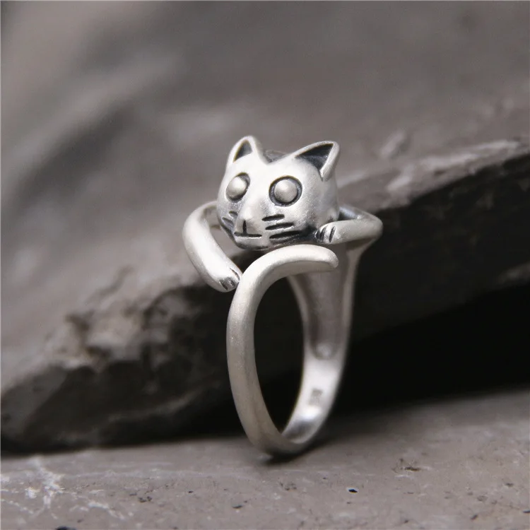 

silver S999 fine silver fashion and lovely raccoon dog cat female ring Thai silver ring opening do old female model