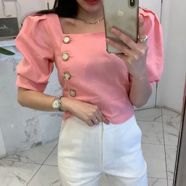 RUGOD New Arrival Women Solid Slim Shirt Square Collar Half Puff Sleeves Single-breasted Blouse Korean Temperament Tops