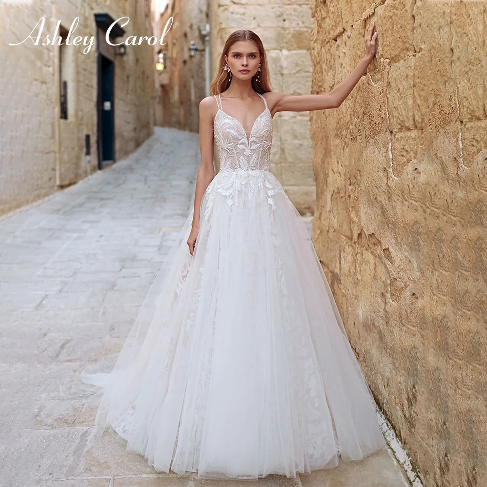 

Ashley Carol Glamorous V-neck Beach Boho Illusion Back Wedding Dress 2019 Sexy Backless Beaded Spaghetti Straps Wedding Gowns