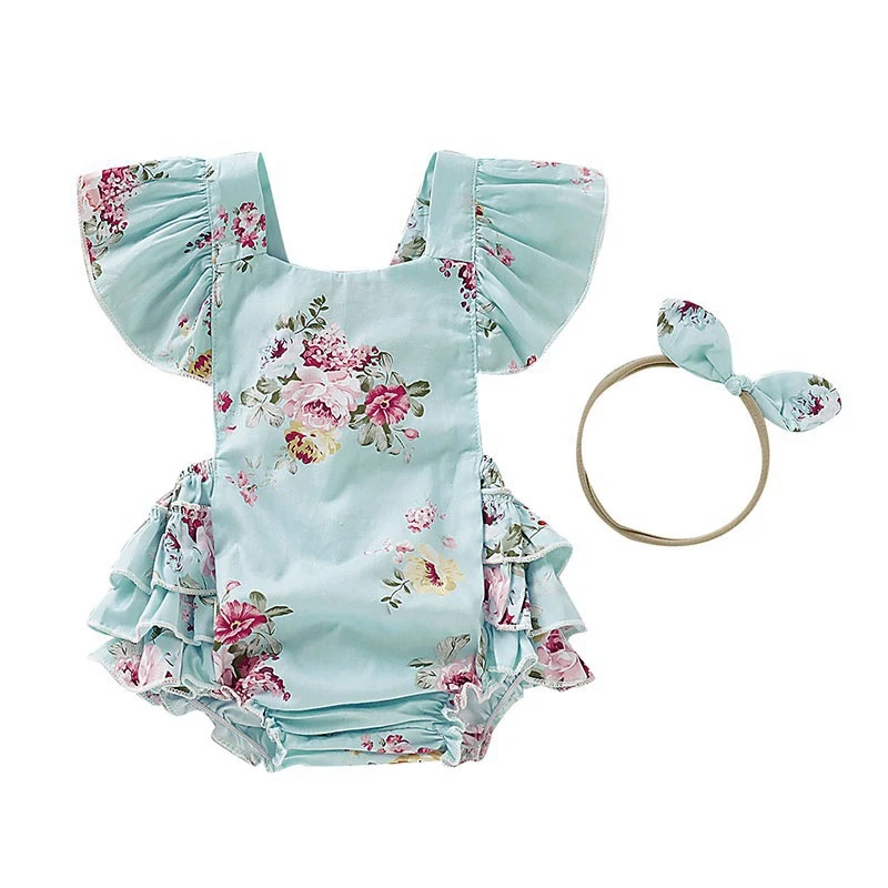 

Summer Newborn Baby Girls Ruffle Romper Flower Backcross Jumpsuit Outfits Sunsuit Baby Romper +Headband 0-18M